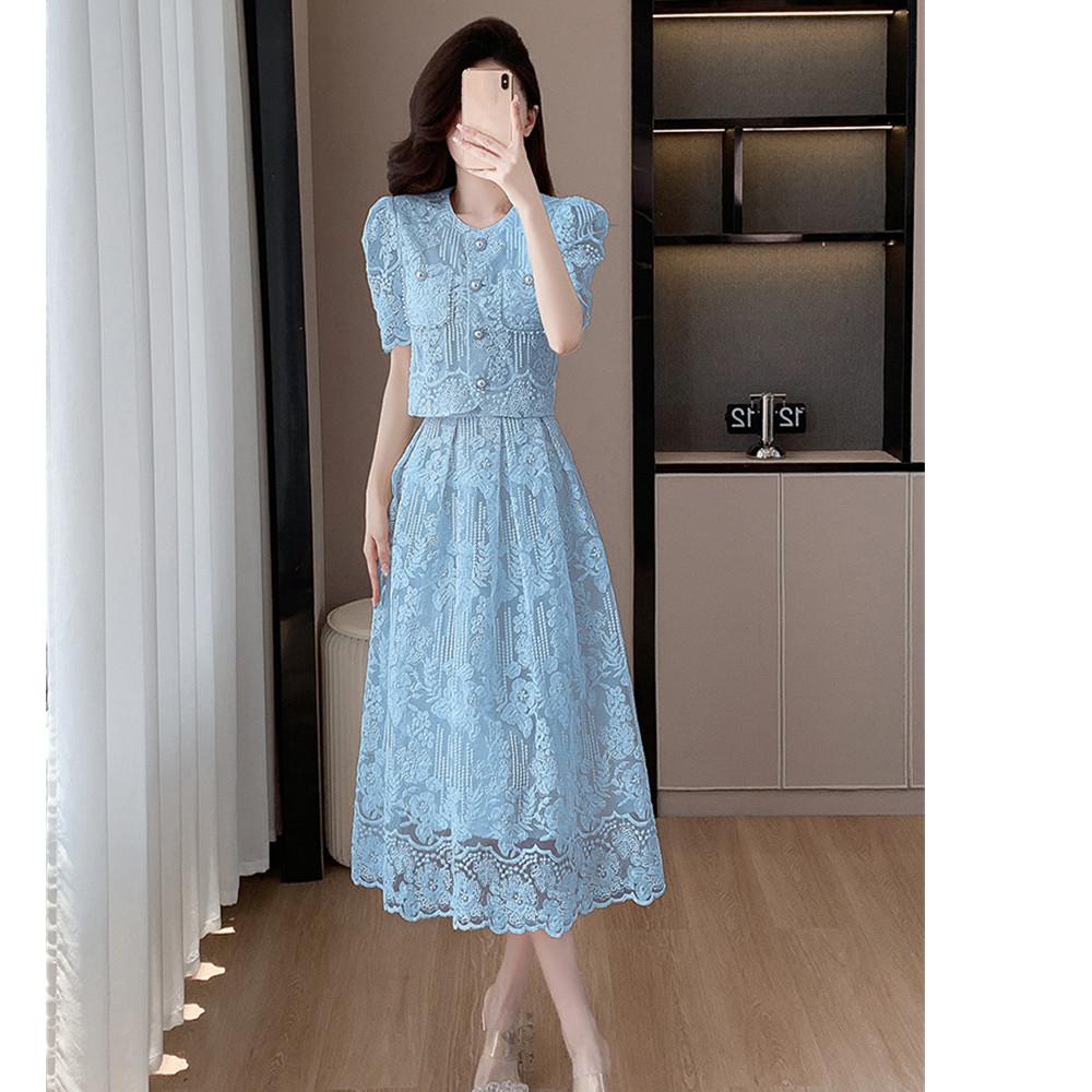 Elegante Damen Sommer Spitzenanzüge Süße einfarbige Blumenstickerei Hemd Tops Zweiteiliges Set Midi-Länge Rock Damen Outfits