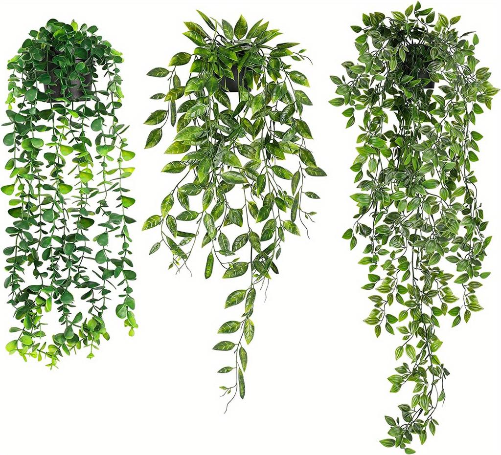 3pcs Artificial Hanging Potted Plants, Fake Hanging Eucalyptus Vine, Mandala Vine and Pea Pods with Pots, Indoor Outdoor Hanging Decor