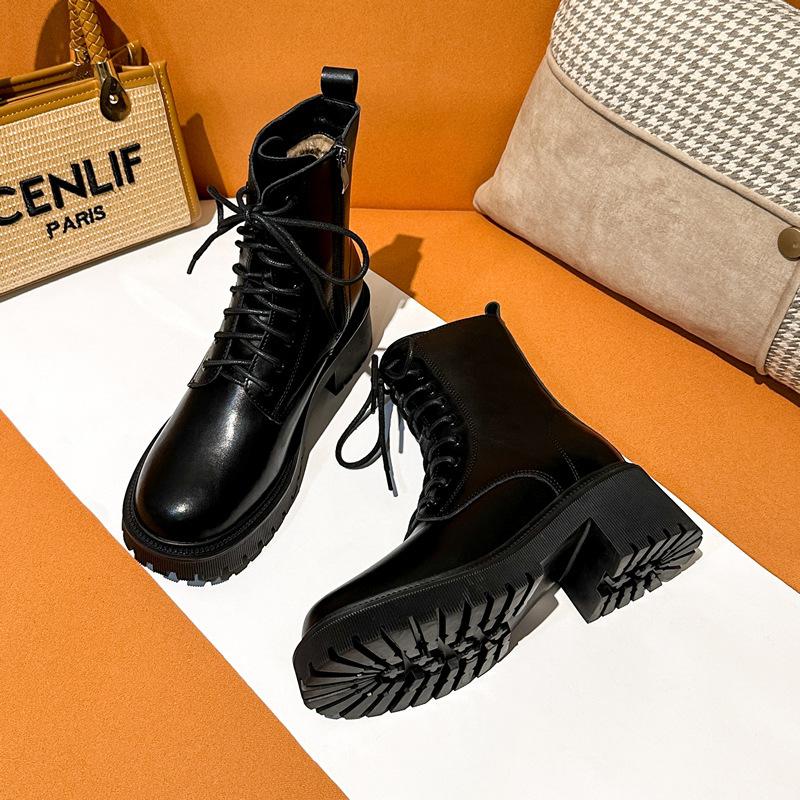 New Chelsea Short Boots Women's British Short Single Boots Round Martin Boots Heightened Thick-soled Cigarette Boots