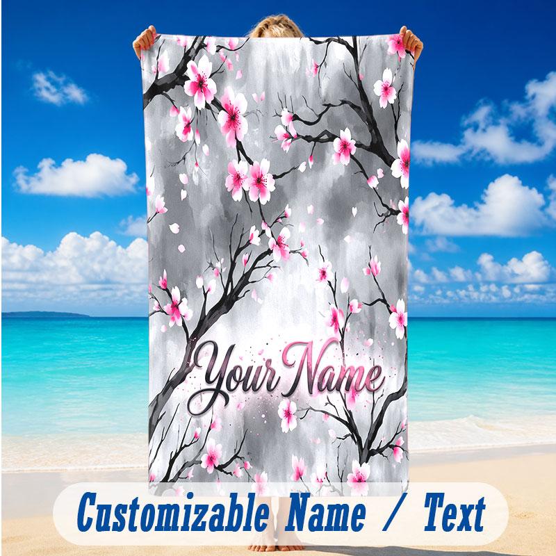 Floral Garden Theme Beach Towel Personalized Custom Name & Text Soft Quick Dry Beach Towel for Swimming Travel