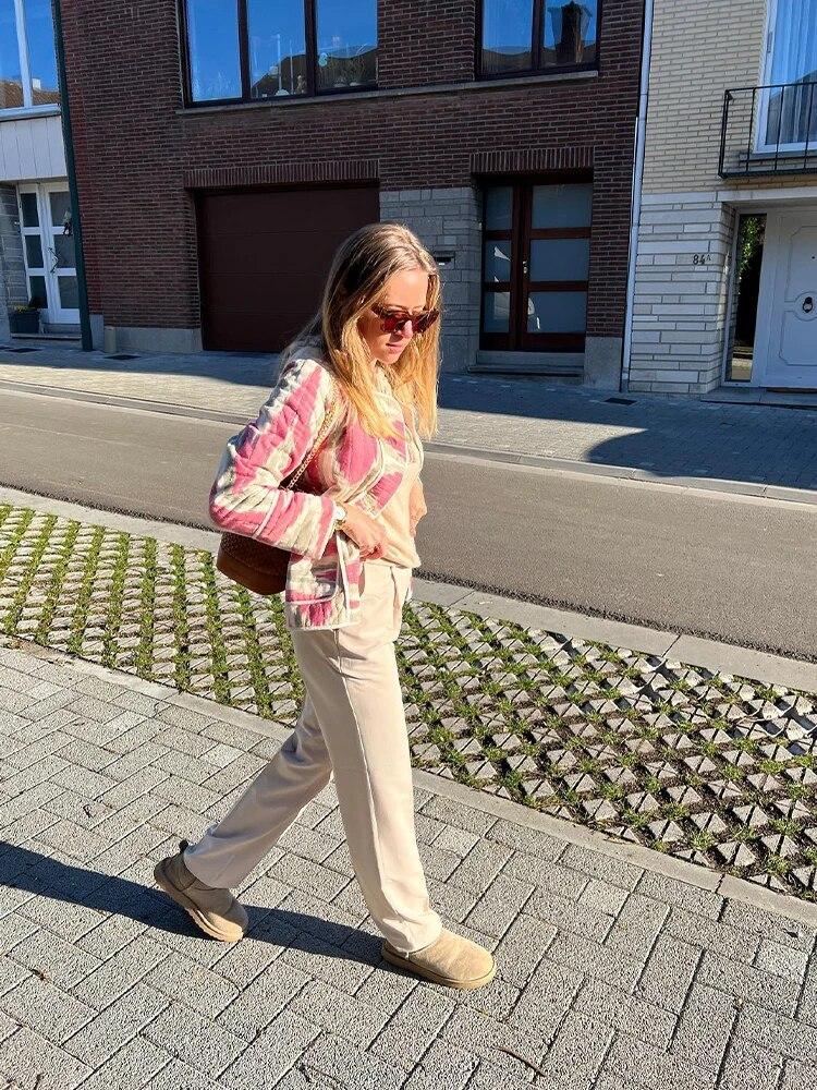 Tisk Podzimní Dámské Bavlněný kabát Růžový Volný Jednořadový Dlouhý rukáv Dámské Kabáty 2023 Zimní móda Kapesní Dámská bunda