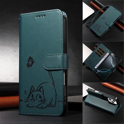 Magnetic Leather Wallet Flip Cover Case for iPhone 16E/16 Plus/16 Pro Max | Cat & Butterfly Embossed Design | Premium Case