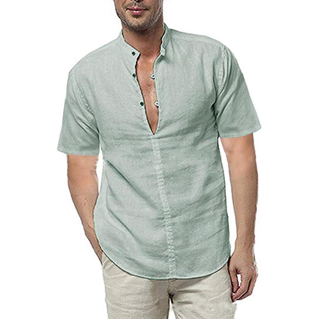 SZITOP Men's Solid Linen Long Sleeve V Neck Tops Casual Shirt Collarless Standing Collar Blouse With Button for Daily Holiday SZITOP Men's Solid Linen Long Sleeve V Neck Tops Casual Shirt Collarless Standing Collar Blouse With Button for Daily Holiday
