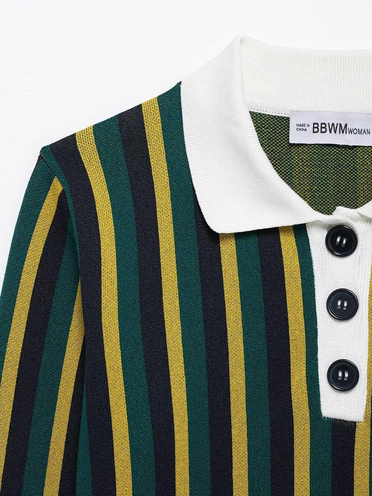 Spring 2025 Women's Striped Knit Sweater - European & American Style, Turn-Down Collar, Long Sleeve, Casual