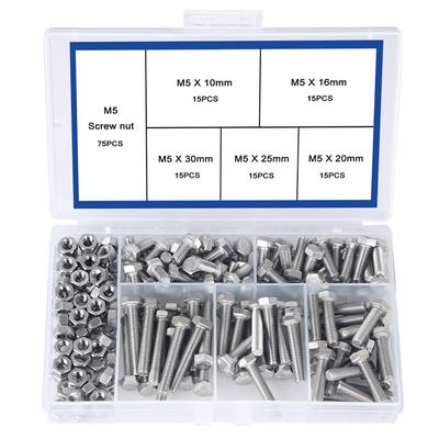 150Pcs Stainless Steel 304 Hex Head Bolts Screws M5 with Nuts Combo Set Hexagon Thread Machine Metric Nut Bolt Assortment Kit