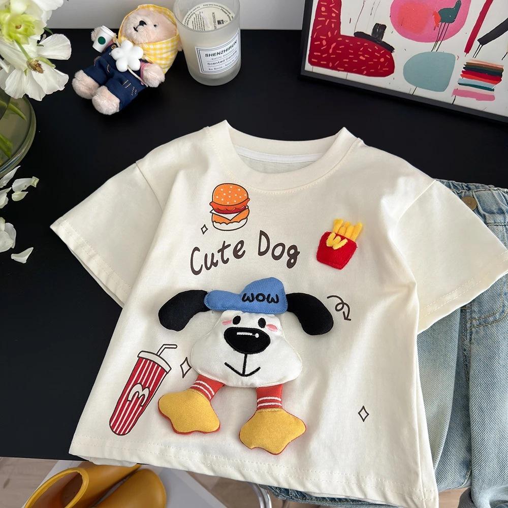 3D Plush Dog Print Kids Loose Fit Short Sleeve T Shirt Summer Cartoon Top