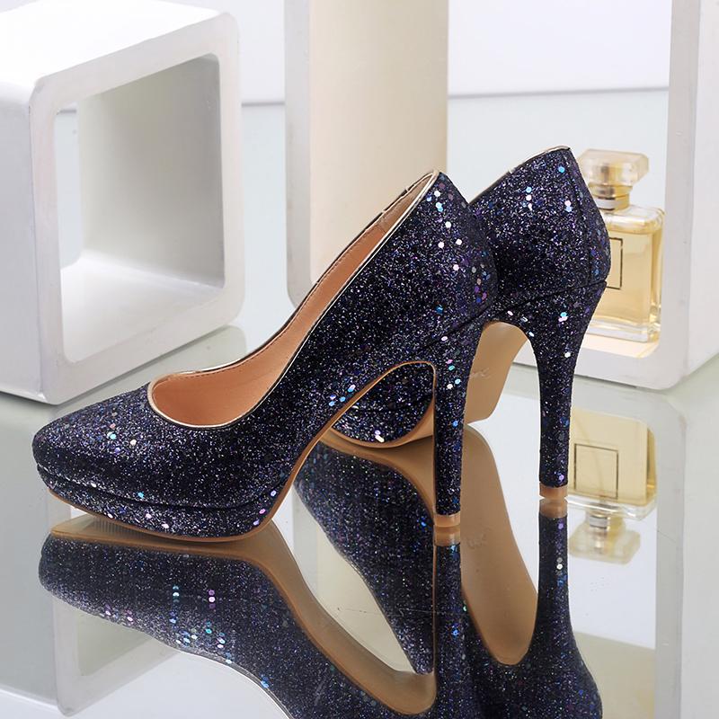 Women's High-heeled Single Shoes Fashion Sequined Banquet Wedding Shoes Waterproof Table Fine Heel Shallow Mouth Large Size Four-season Shoes