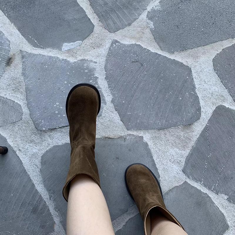 Sheepskin Version~ Korean Version of Niche Retro Round Head Medium Boots Women's Leather Knight Boots Big Head Martin Boots Low Heel Sleeve