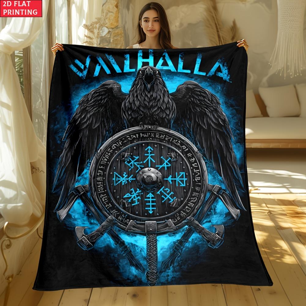 Viking Valhalla Raven Shield Flannel Throw Blanket Nordic Rune Axe Blue Smoke Print Warm Gift Blanket