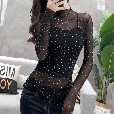 French Style Shiny and Slim Round Neck Long Sleeved Mesh Summer Korean Version Casual Top for Wearing Inside and Outside