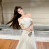 White Mesh Diagonal Shoulder Suspender Dress Summer Seaside Vacation Beautiful Waist Birthday Dress Big Swing Long Skirt