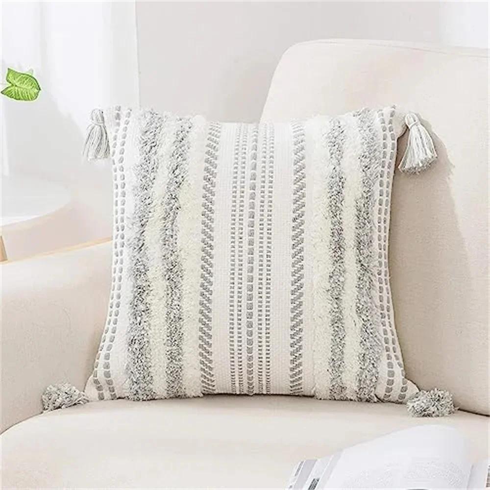 Homaxy Bohemia Pillow Case 50x50 For Sofa Pillow Cover Striped Tassel Decor Cushion Cover Furry Boho Pillowcase Aesthetic 45x45