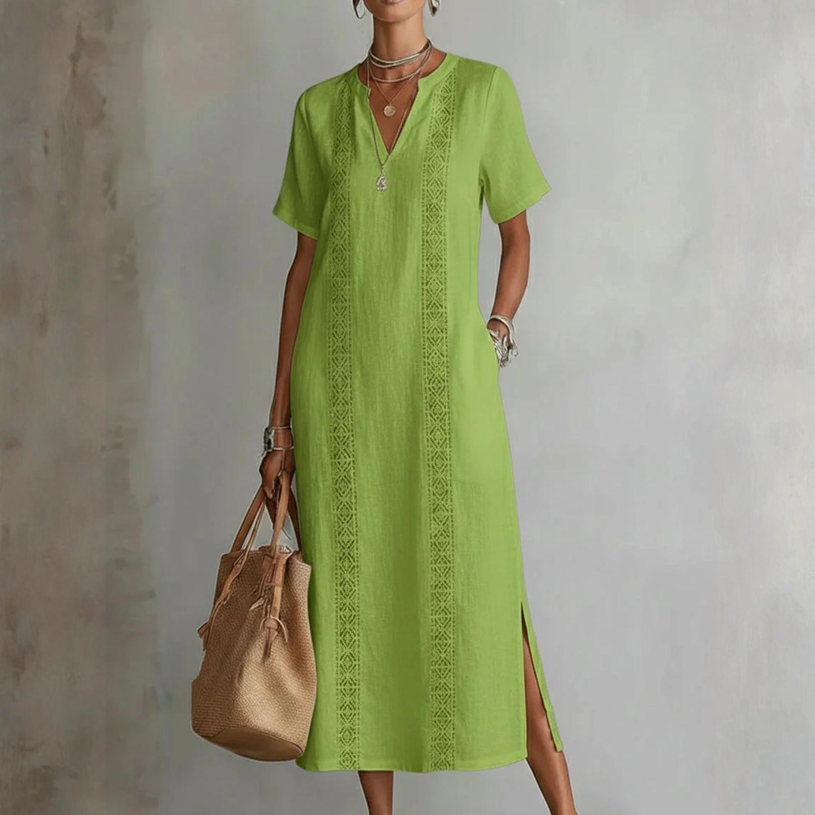 

Женское ретро-платье свободного кроя из хлопка и льна с ажурным кружевом и V-образным вырезом. L зелёный