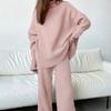 Women Knitted Suit Soft Turtleneck Long Sleeve Sweater Wide Leg Pants Commuter 2 Pieces Sets Autumn Winter Homewear