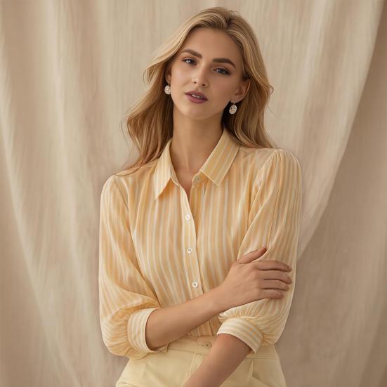Women Shirt Lapel 46085 Puff Sleeves Button Placket Striped Print Summer Shirt Loose Fit