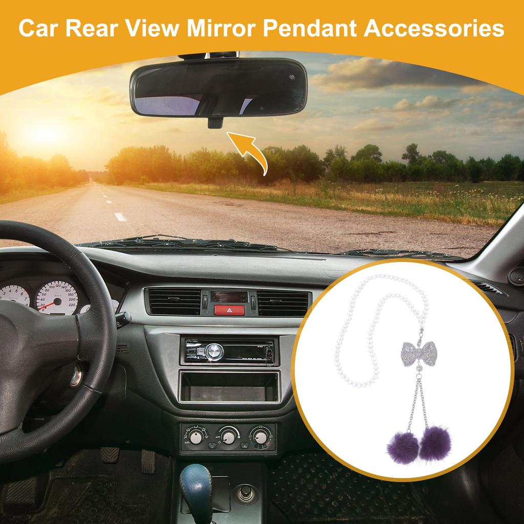 Partuto 1pcs Artificial Crystal Bow Mink Hair Car Rear View Mirror Pendant Accessories Car Hanging Ornament Purple