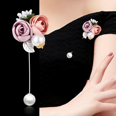 Romantic Cloth Art Fabric Rose Flower Long Needle Brooches For Women Men  Double Floral Imitation Pearl Pins Suit Jewelry