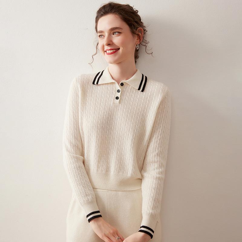 Women's Contrast Color Cashmere Polo Neck Sweater - Autumn & Winter Collection
