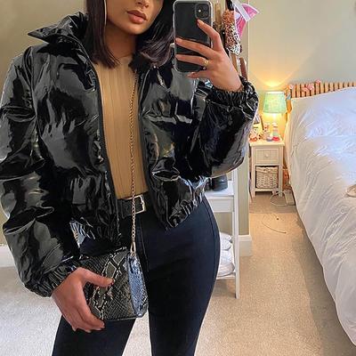 Solid Mirror Zipper Solid Mirror-Pu-Leather Stand Collar Cardigan White Duck-Down Jacket Women