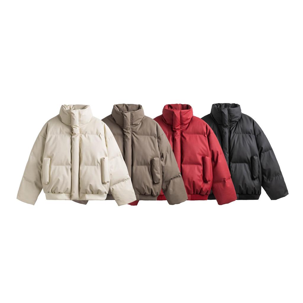 Unisex Frosted PU Leather Puffer Jacket: Winter Heavyweight Stand-up Collar, Thick Warm Loose Fit, Casual Outerwear for Men and Women.