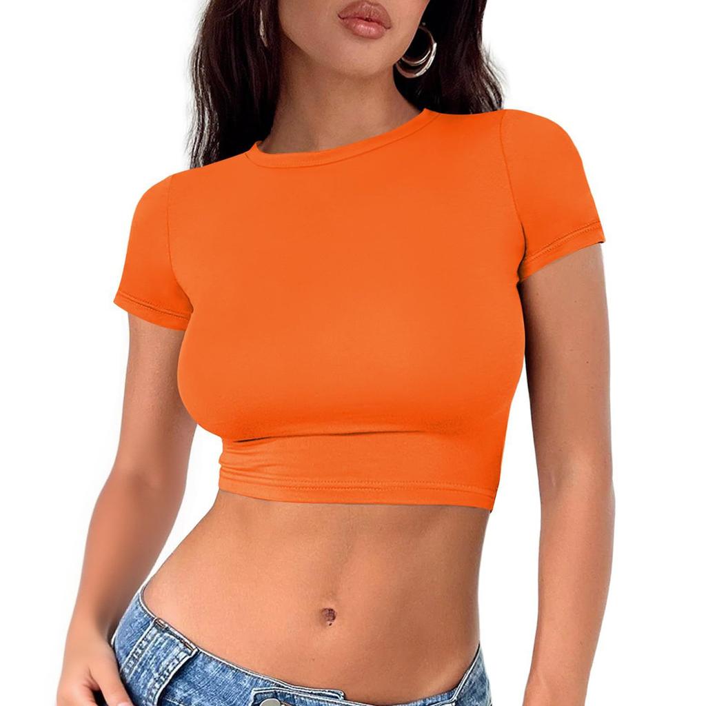 Damenmode Rundhals Halskette T-Shirt Slim Einfarbig Kurzarm Top