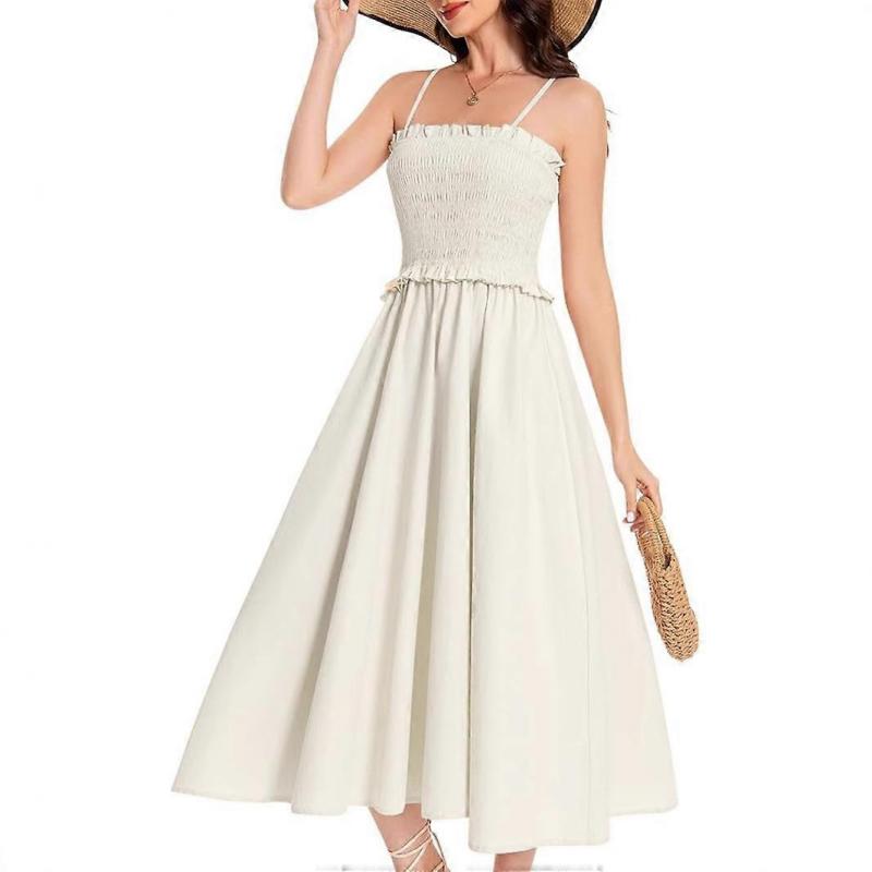 Summer Women's French First Love Style Slimming High Waist A-Line Dress Elegant Solid Color