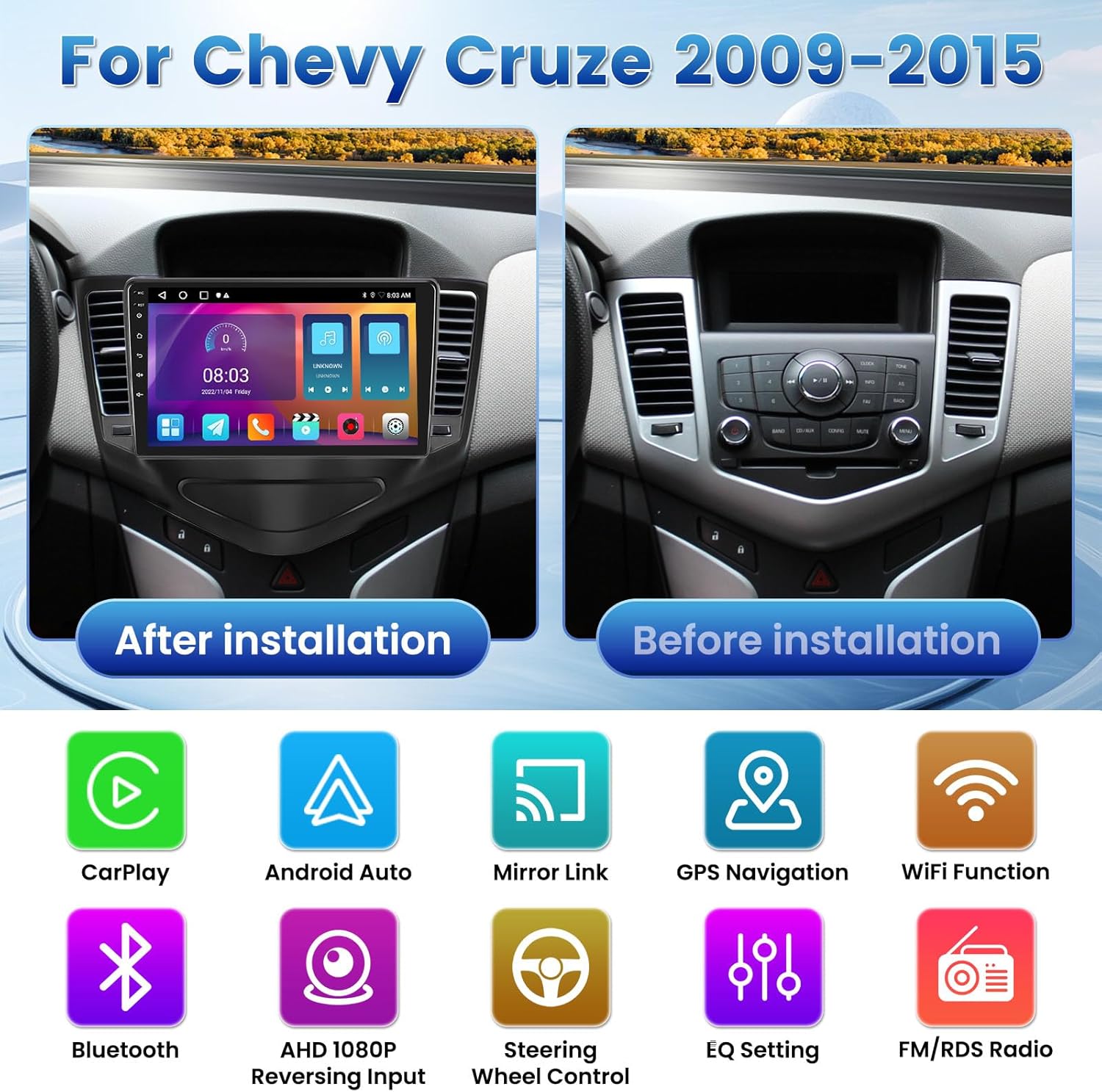 9-дюймовая Android автомагнитола для Chevy Cruze 2009-2015 с CarPlay, Android Auto, GPS, WiFi, Bluetooth, Mirror Link, 2+32 ГБ, Микрофон и Задняя камера 2 32GB