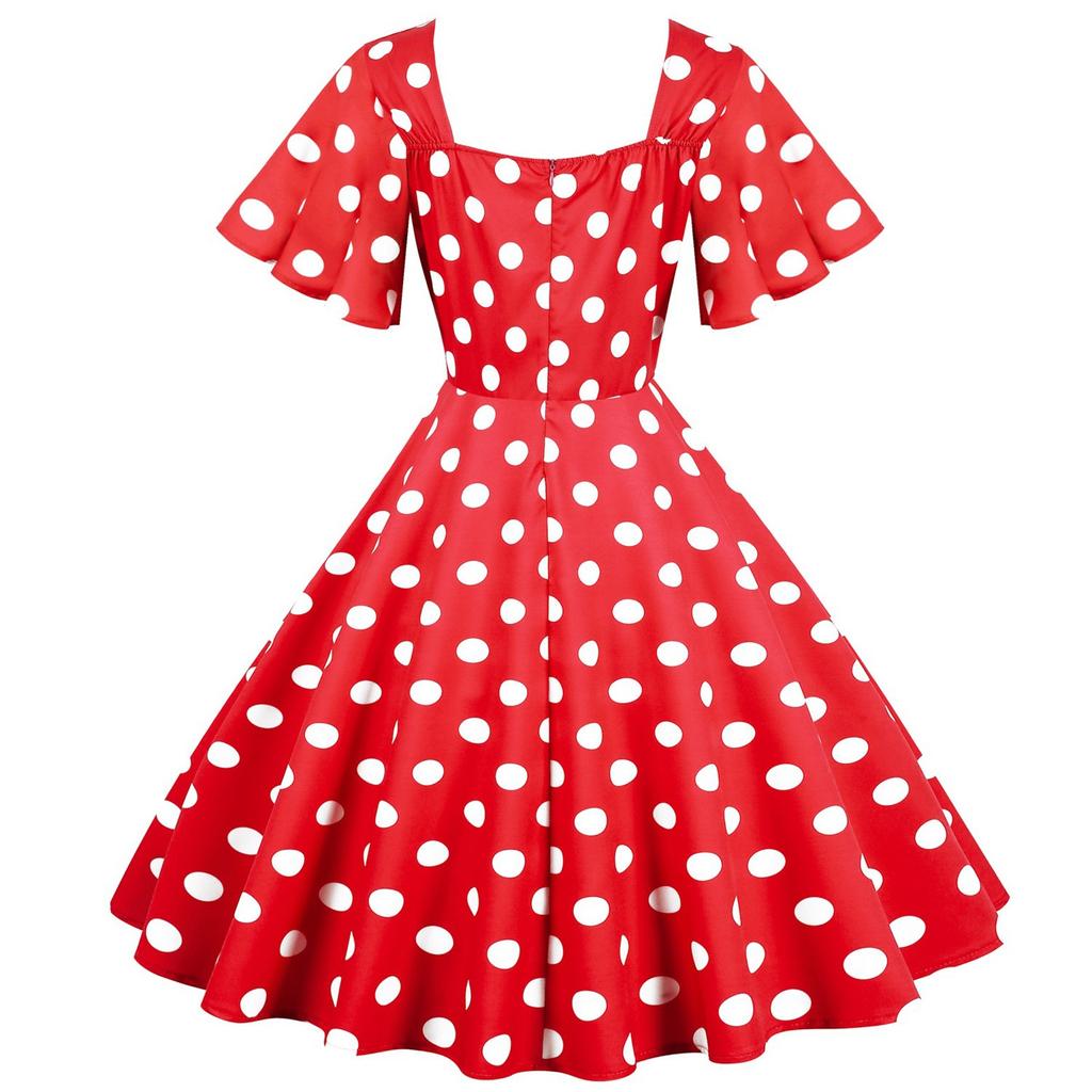 Women's Retro Travel Hem Short Sleeve Polka Dot Mid-Length Hem Dress