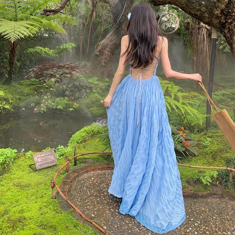 Super Fairy Design Sense Summer Waves Blue Pure Desire Vacation Backless Waist Thin Big Skirt Suspender Long Dress