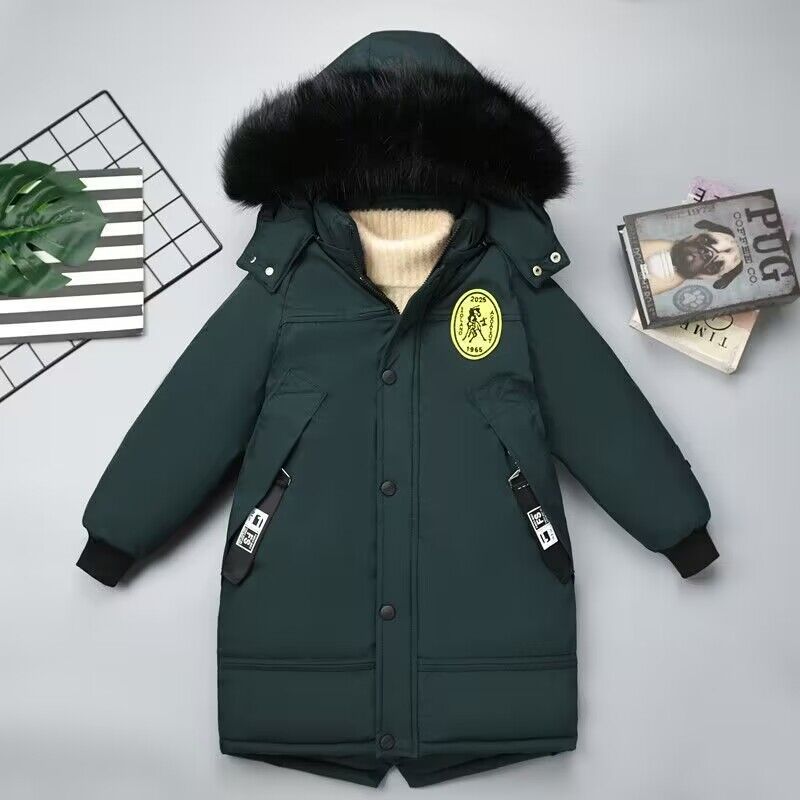 Middle and Large Children's Winter Boys' Cotton-padded Jacket Thickened Down Cotton Children's Mid-length Big Fur Collar Cotton-padded Jacket