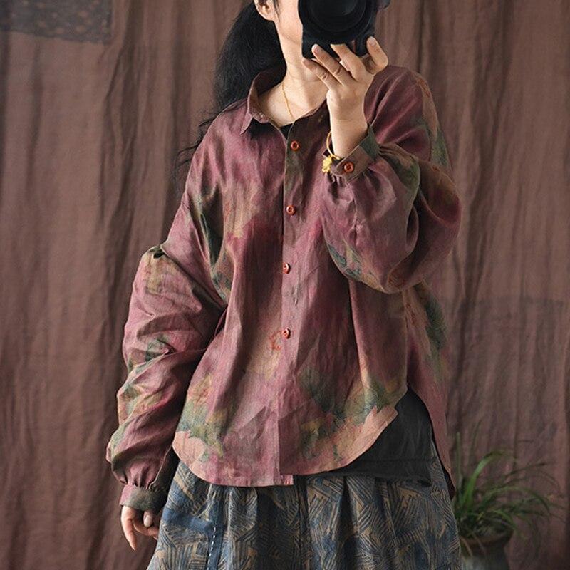 Johnature Vintage Shirts Linen Women And Tops Print Floral Blouses Turndown Collar Autumn Loose Button Quality Shirts