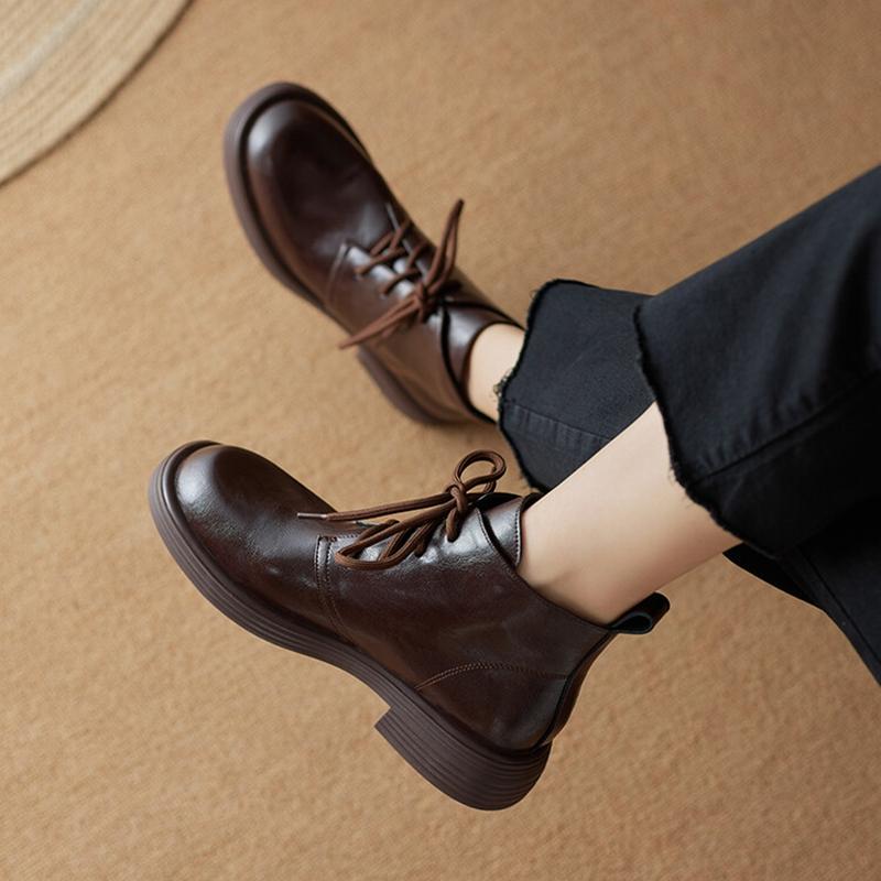 Fashion NEW Autumn Women Boots Split Leather Shoes for Women Round Toe Chunky Heel Shoes Black Lace-up Ankle Boots Casual Chelsea Boots