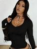 Spicy Girl Women's V-Neck Ribbed Knit Top – Slimming Long Sleeve Stretchy T-shirt for Autumn/Winter Comfort.