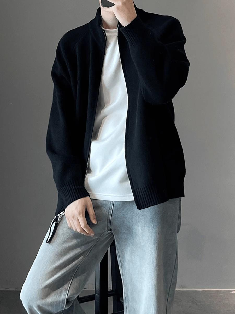 Solid Color Knitted Sweater Jacket Men s Spring and Autumn Lazy High-end Cardigan Japanese Retro Ruffian Handsome Stand-up Neck Sweater M чёрный 3700₽
