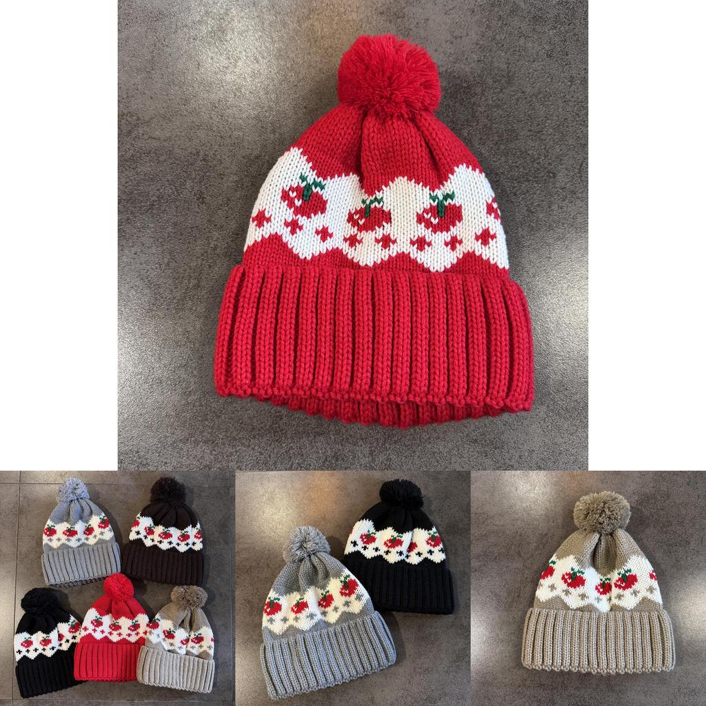 Warm Knitted Hat Cherry Embroidery Design And Plush Ball Decoration For Autumn Cold Weather And Casual Wear