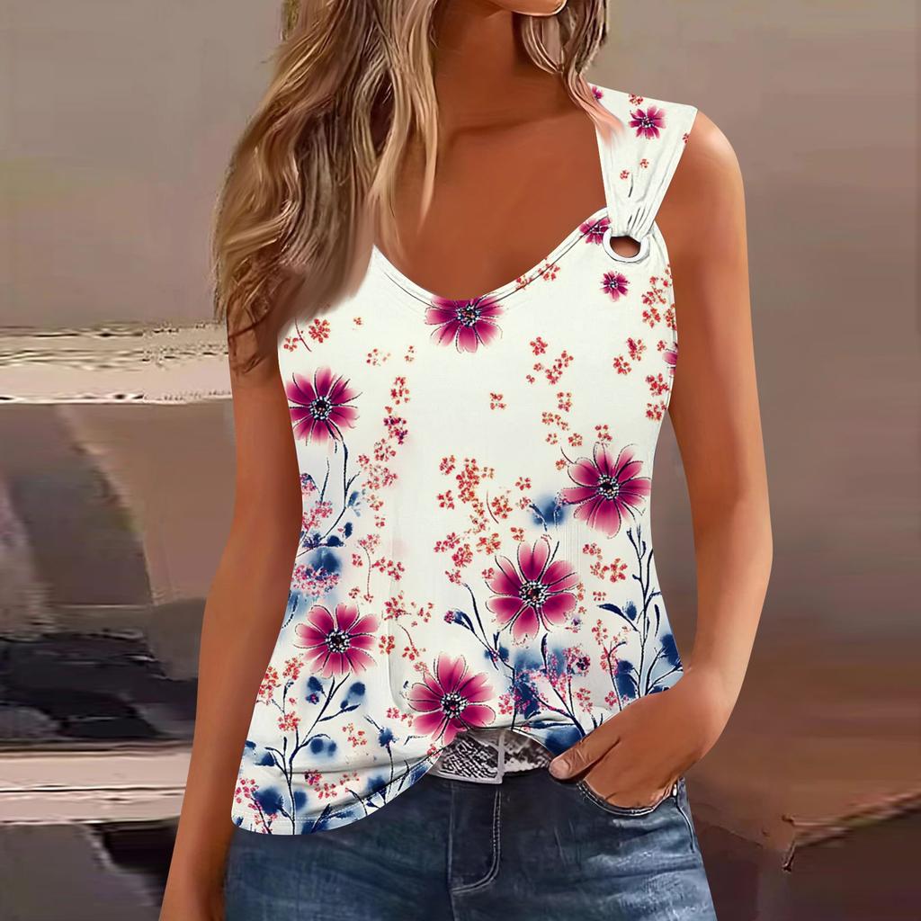 Womens Tank Top V Neck Basic Printed Casual Flowy Sleeveless Deep Side Cut Tops For Women