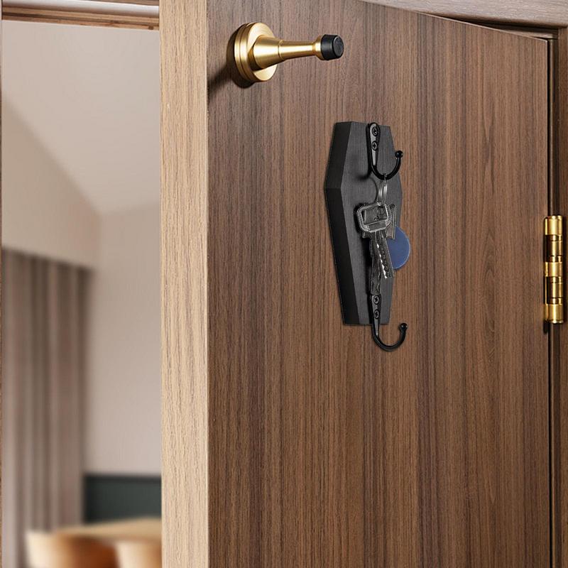 Key Hooks Wall Mounted Coffin-Shaped Key Holders Halloween Black Wooden Hangers for Mugs Purses Towels Clothes Gothic Decoration