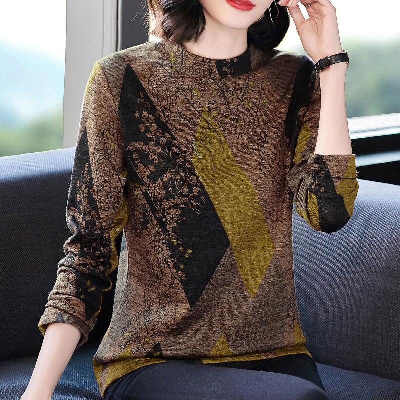 Damen Rundhals T-Shirt Herbst- und Wintermode Kontrastfarbe Bedruckt Argyle Locker sitzend Langärmlig Pullover Tops