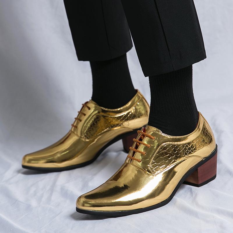 Luxury Gold Pointed Dress Shoes Men High Heels Fashion Glitter Wedding Party Shoes Men Italian Oxfords Formal Leather Shoes Man