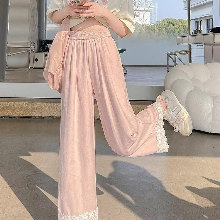 Women's Summer Ice Silk Wide-Leg Pants with Lace Trim by Yamamoto