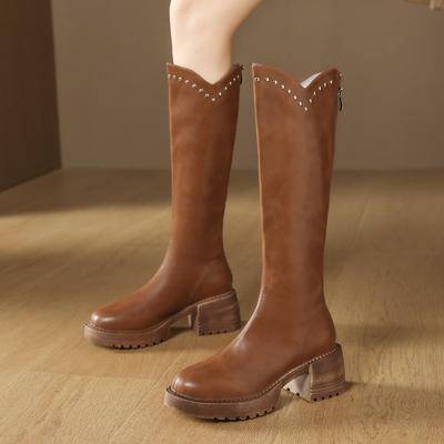 Women Leather Knee High Riding Boots Round Toe Thick High Heel Zipper Ladies Rivet Long Boot Autumn Winter Shoes