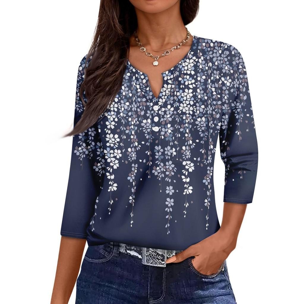 Women's Casual Fashion V-neck Loose Versatile Floral Print Three-quarter Sleeves