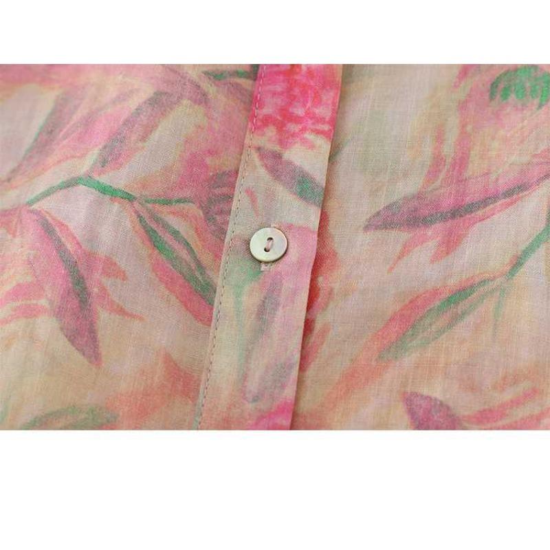Autumn Pink Floral Shirt Linen Small Shirt French Literary Printing Shirt All-match Women