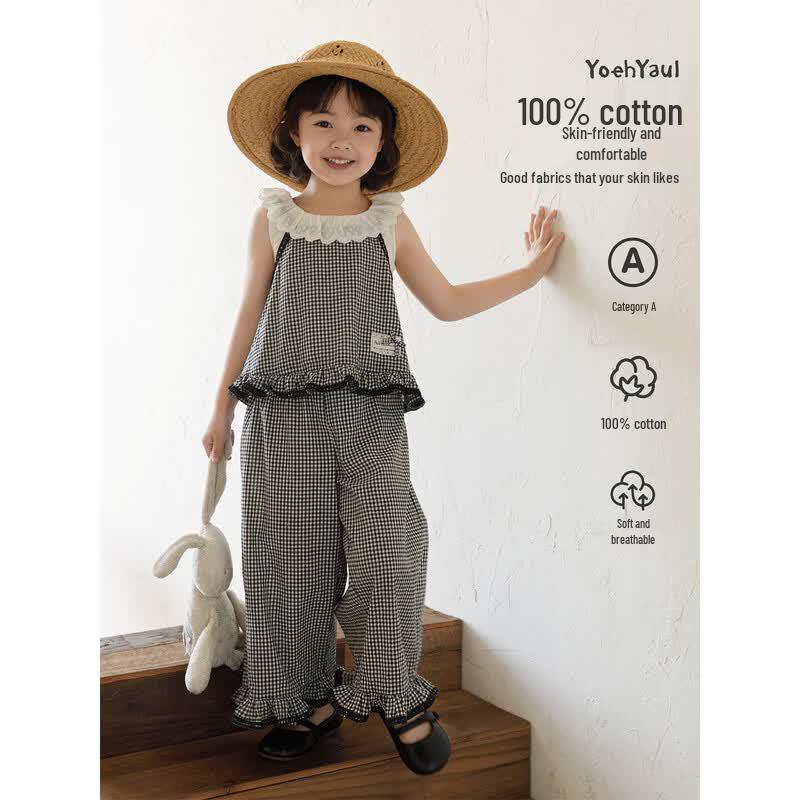 Girls  Sleeveless Plaid Top and Wide-Leg Pants Set 140 cm