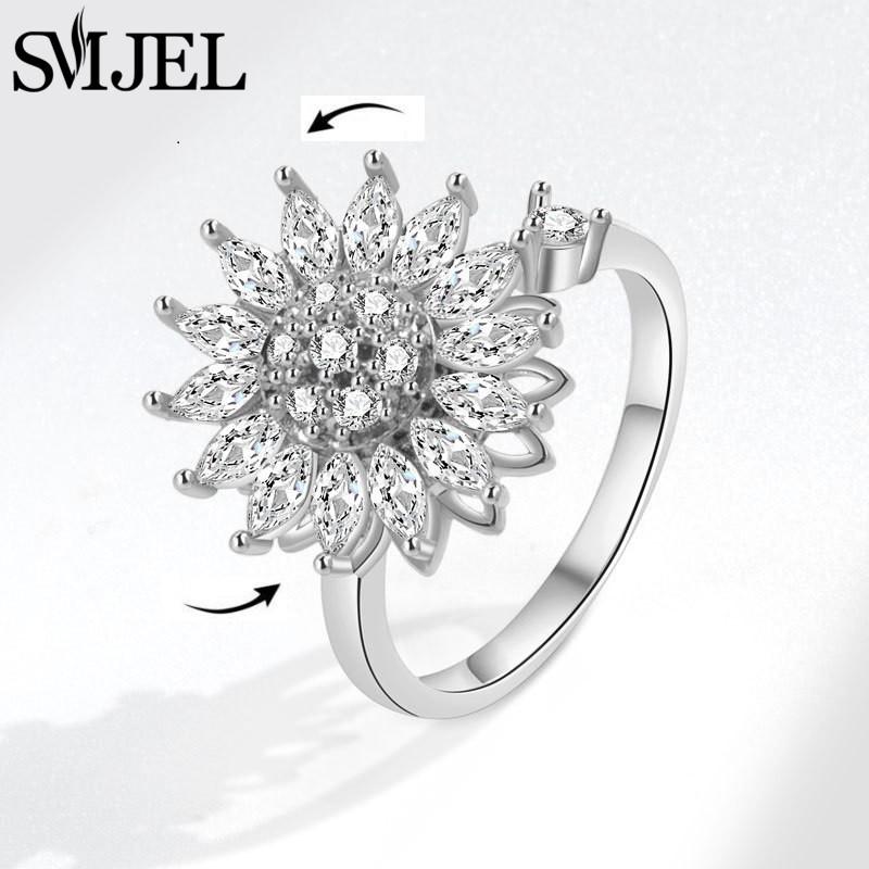 SMJEL Luxury Crystal Anxiety Relief Spinning Fidget Rings for Women Cute Sakura Daisy Rose Flower Rotating Ring Anti Stress Gift