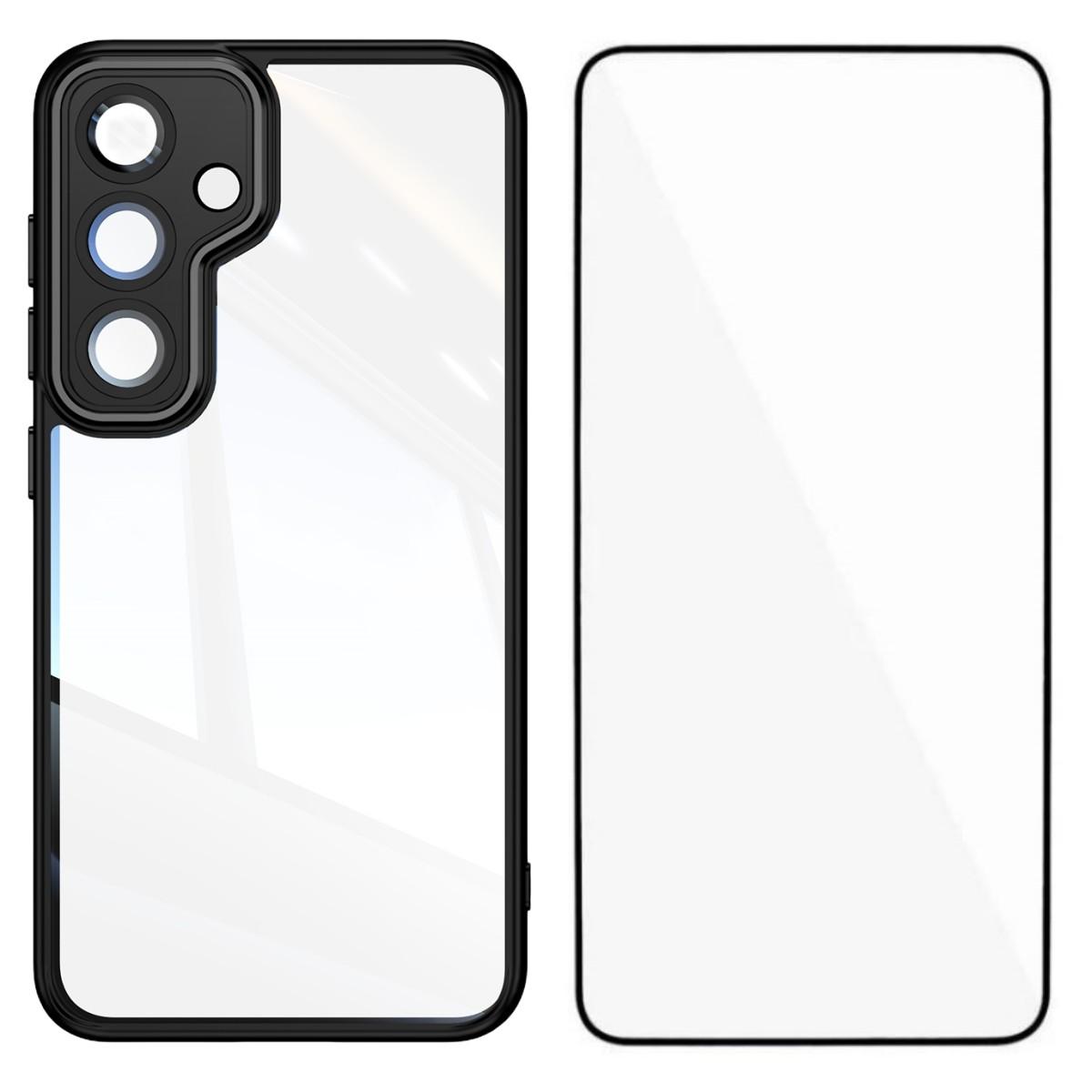 

For Samsung Galaxy S24 TPU Case WANLONFENG Shockproof Clear Phone Cover with Tempered Glass Film Black