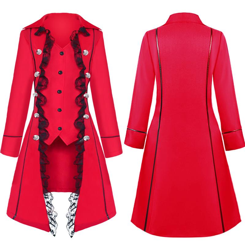 Dámské krajkové lemování Vampire Gothic Dlouhá bunda Smoking Frak Halloween Šaty Frock Coat Steampunk