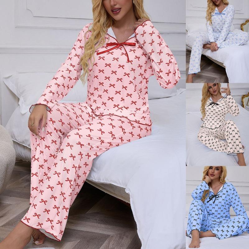Women's Long-Sleeve Long-Pants Pajama Set with Small Collar Ribbed Texture and Bow