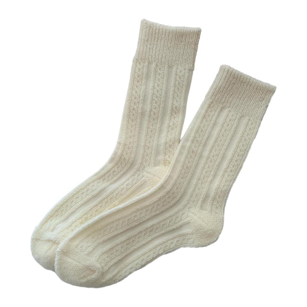 Solid Color Rhombus Striped Pattern Winter Thermal Warm Crew Socks for Women Thicken Faux Wool Knit Middle Tube Socks