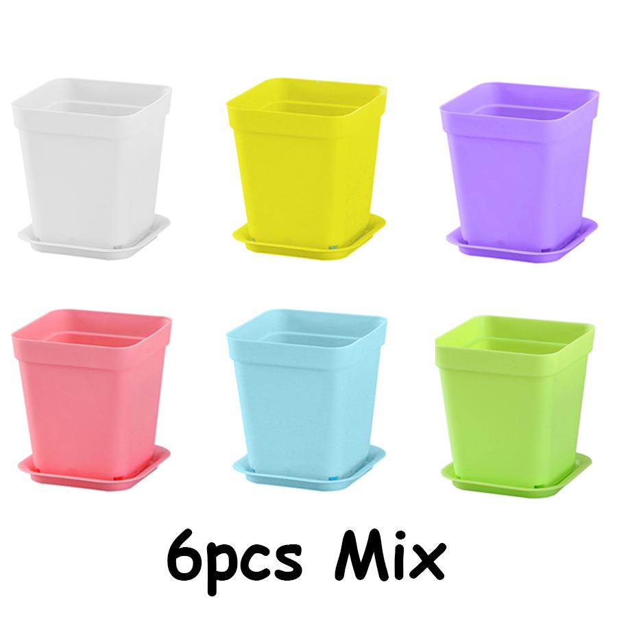 6pcs 7cm Plastic Square Flower Plant Pots with Tray Nursery Pot for Succulent Plant Home Office Desktop Gardening Balcony Decor